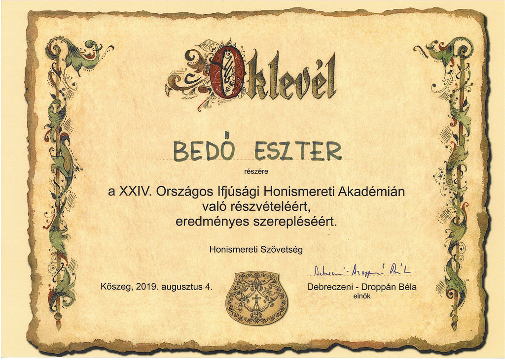 Bedő Eszter oklevele