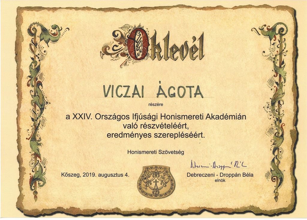 Viczai Ágota oklevele